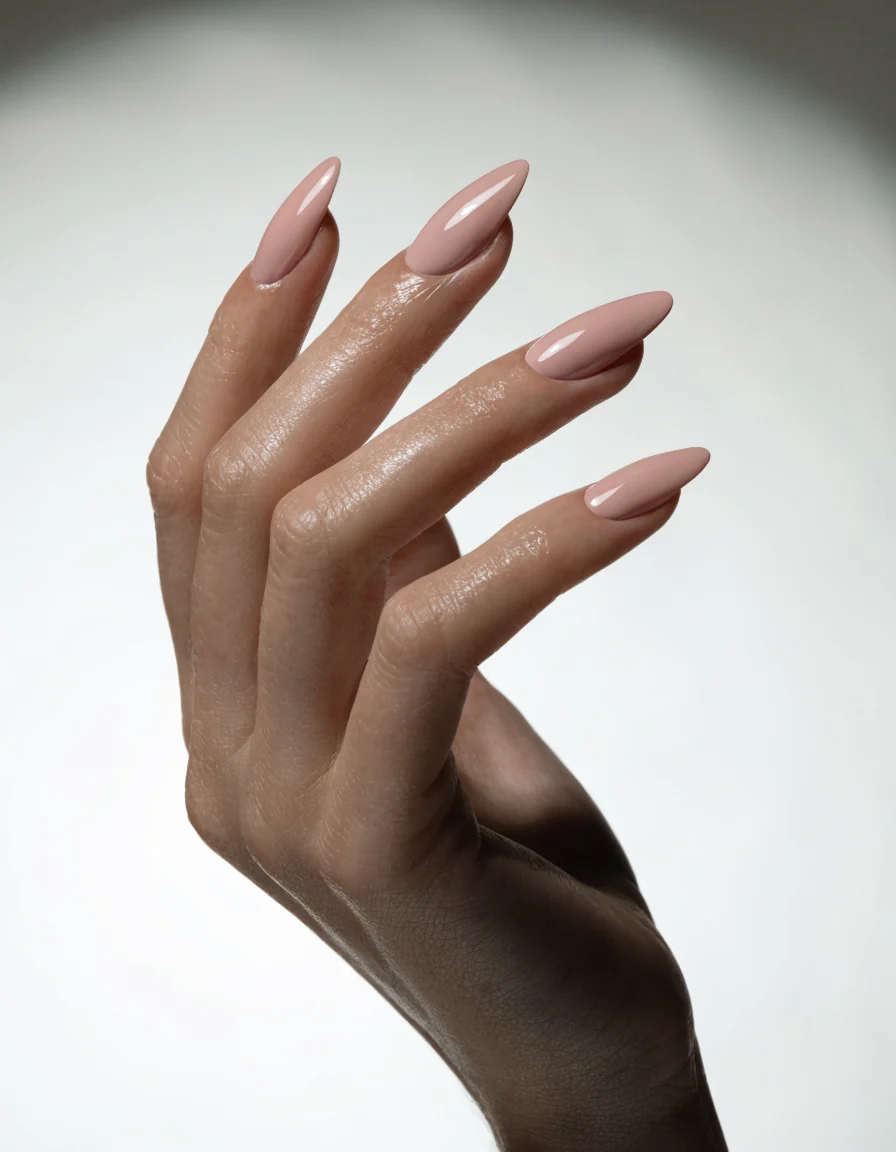 A raised hand with glossy rose-nude almond nails against a soft pale studio backdrop