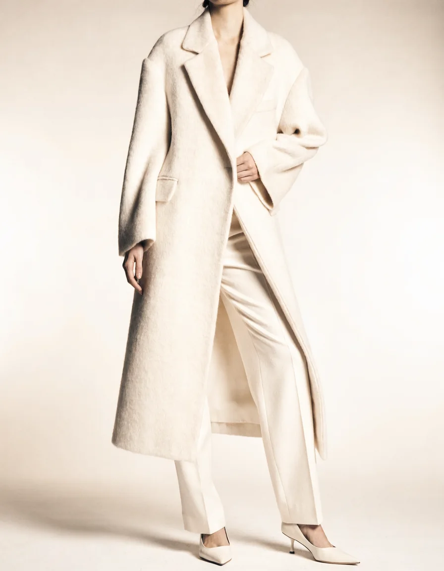 A model wearing a softly tailored ivory wool coat over cream trousers against a pale backdrop